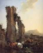 BERCHEM, Nicolaes Peasants with Four Oxen and a Goat at a Ford by a Ruined Aqueduct Spain oil painting artist